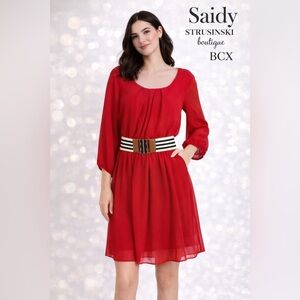 BCX Red Chiffon Belted Dress Long Sleeve Flowy Size M